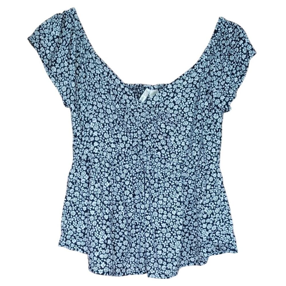 Japna Baby Doll Flouncy Smocked Top Black and White Ditzy Floral Women's Small
